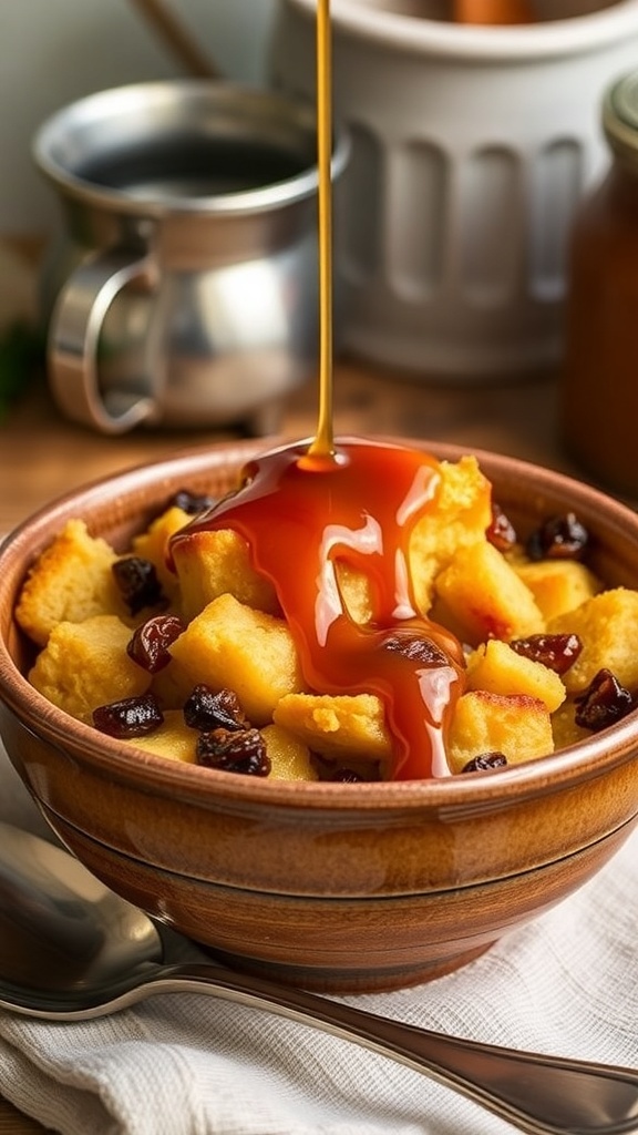 Crockpot Bread Pudding Recipe A bowl of bread pudding topped with caramel sauce, featuring chunks of bread and raisins.